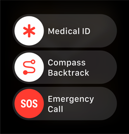 מחוון שיחות חירום מוצג לצד מחווני Medical ID ומסלול חזרה של מצפן