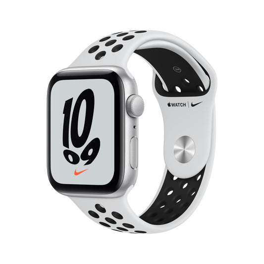 Apple Watch Nike SE GPS, 44mm Silver Aluminum Case with Pure Platinum/Black Nike Sport Band - Regular