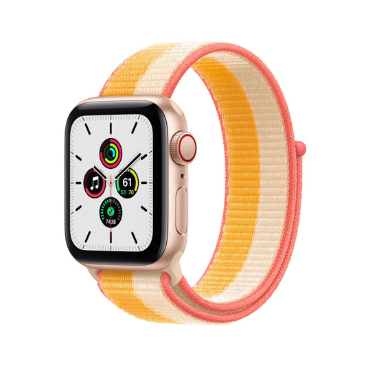 Apple Watch SE GPS + Cellular, caja de aluminio dorado de 40 mm con correa deportiva color maíz/blanco