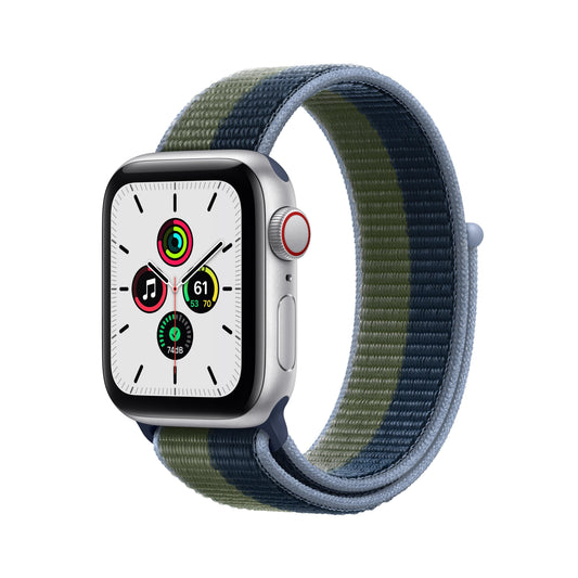 Apple Watch SE GPS + Cellular, caja de aluminio plateado de 40 mm con correa loop deportiva en azul abismo/verde musgo