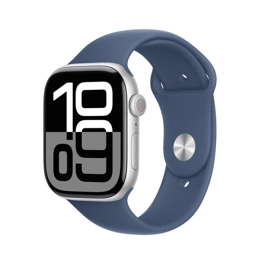 Apple Watch Series 10 GPS de 46 mm con caja de aluminio plateada y correa deportiva vaquera (talla M/L)