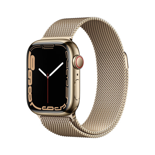 Apple Watch Series 7 GPS + Cellular, caja de acero inoxidable dorado de 41 mm con correa milanesa dorada