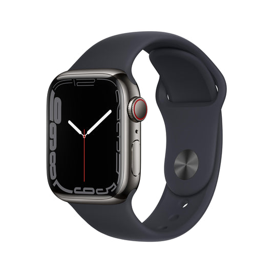 Apple Watch Series 7 GPS + Cellular, caja de acero inoxidable color grafito de 41 mm con correa deportiva color medianoche - Estándar