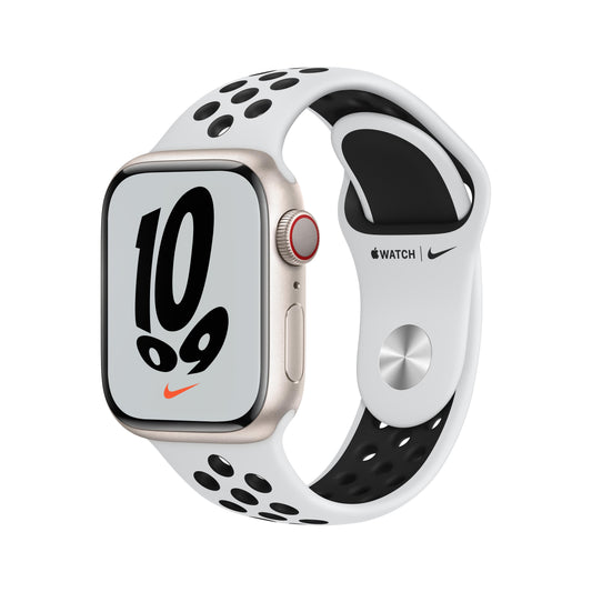 Apple Watch Nike Series 7 GPS + Cellular, 41mm Starlight Aluminum Case with Pure Platinum/Black Nike Sport Band - Regular