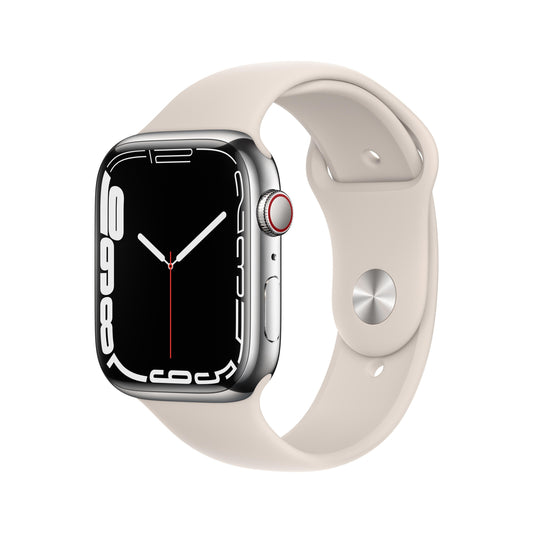 Apple Watch Series 7 GPS + Cellular, caja de acero inoxidable plateada de 45 mm con correa deportiva Starlight - Estándar