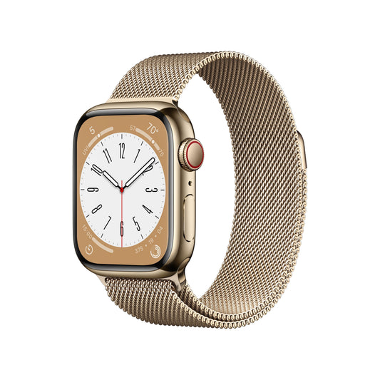 Apple Watch Series 8 GPS + Cellular de 41 mm con caja de acero inoxidable dorado y correa milanesa dorada