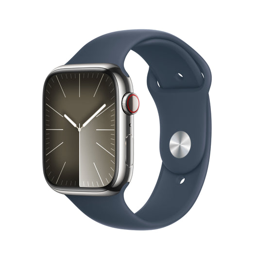 Apple_Watch_Series_9_LTE_45mm_Silver_Stainless_Steel_Storm_Blue_Sport_Band_PDP_Image_Position-1__en-US