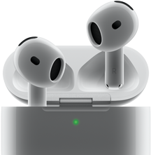 Se muestran los AirPods 4 flotando fuera del estuche; el estuche tiene una luz verde.