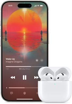 iPhone junto a AirPods Pro en el estuche de carga, el estuche está abierto