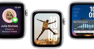 Translate app, Check in app, Photos face, Modular watch face, and Vitals app, on five Apple Watch SE devices