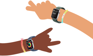 טבעות פעילות ב‑Apple Watch SE, הנענד על זרוע של ילד מצוייר. אפליקציית הודעות ב‑Apple Watch SE, הנענד על זרוע של ילד מצוייר