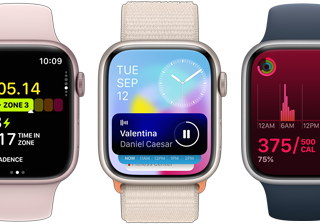 A front view of five Apple Watch devices showing how much more information is on each thanks to the Watch OS 10 update.