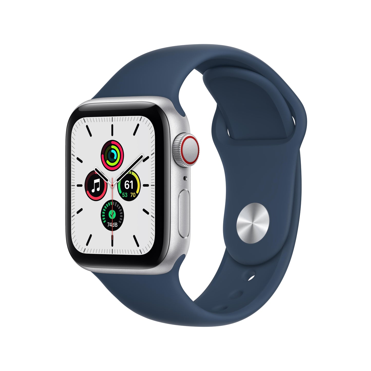 Apple Watch SE GPS + Cellular, caja de aluminio plateado de 40 mm con correa deportiva azul abismo - Estándar