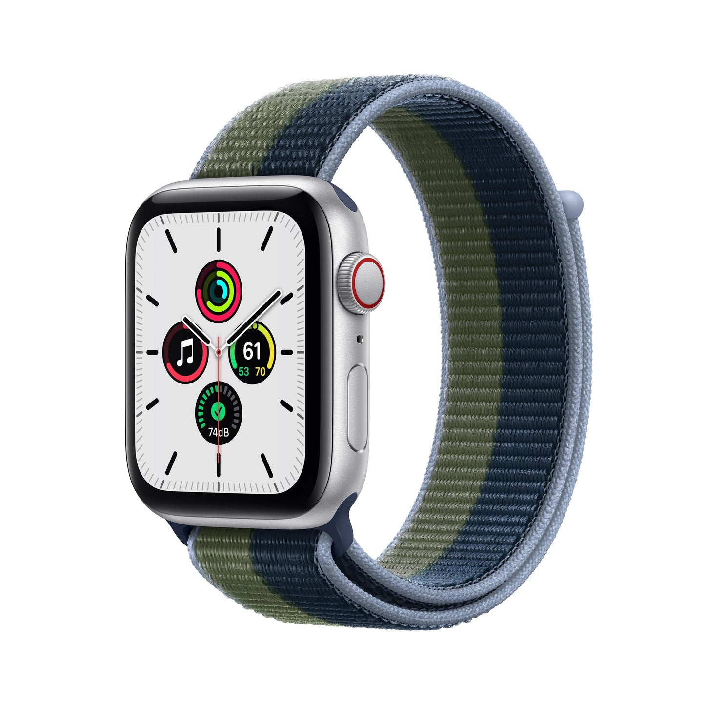 Apple Watch SE GPS + Cellular, caja de aluminio plateado de 44 mm con correa deportiva azul abismo/verde musgo