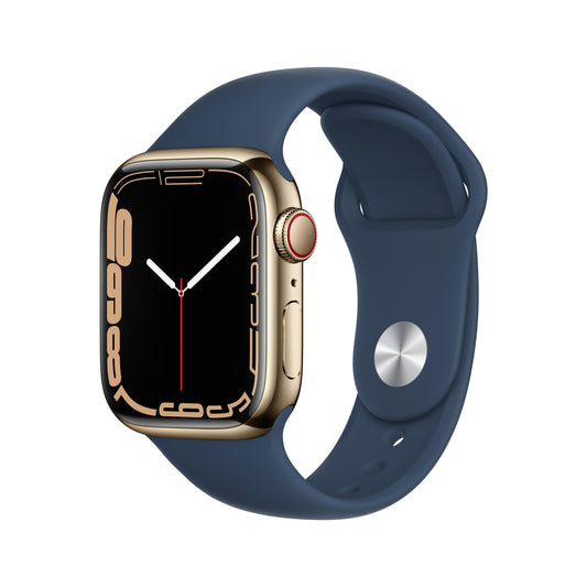 Apple Watch Series 7 GPS + Cellular, 41mm Gold Stainless Steel Case with Abyss Blue Sport Band - Regular