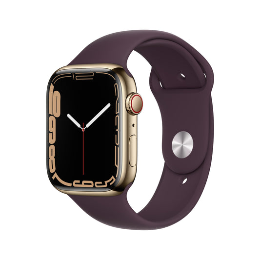 Apple Watch Series 7 GPS + Cellular, 45mm Gold Stainless Steel Case with Dark Cherry Sport Band - Regular