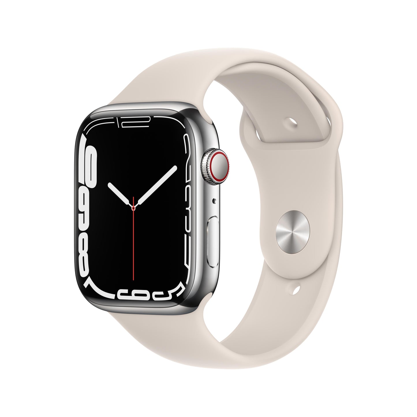 Apple Watch Series 7 GPS + Cellular, 45mm Silver Stainless Steel Case with Starlight Sport Band - Regular