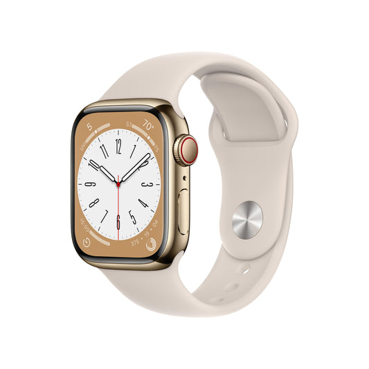 Apple Watch Series 8 GPS + Cellular de 41 mm con caja de acero inoxidable dorado y correa deportiva Starlight - M/L