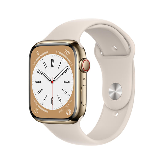 Apple Watch Series 8 GPS + Cellular de 45 mm con caja de acero inoxidable dorado y correa deportiva Starlight - M/L