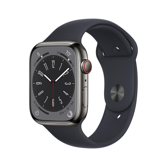 Apple Watch Series 8 GPS + Cellular de 45 mm, caja de acero inoxidable color grafito con correa deportiva color medianoche - Talla S/M