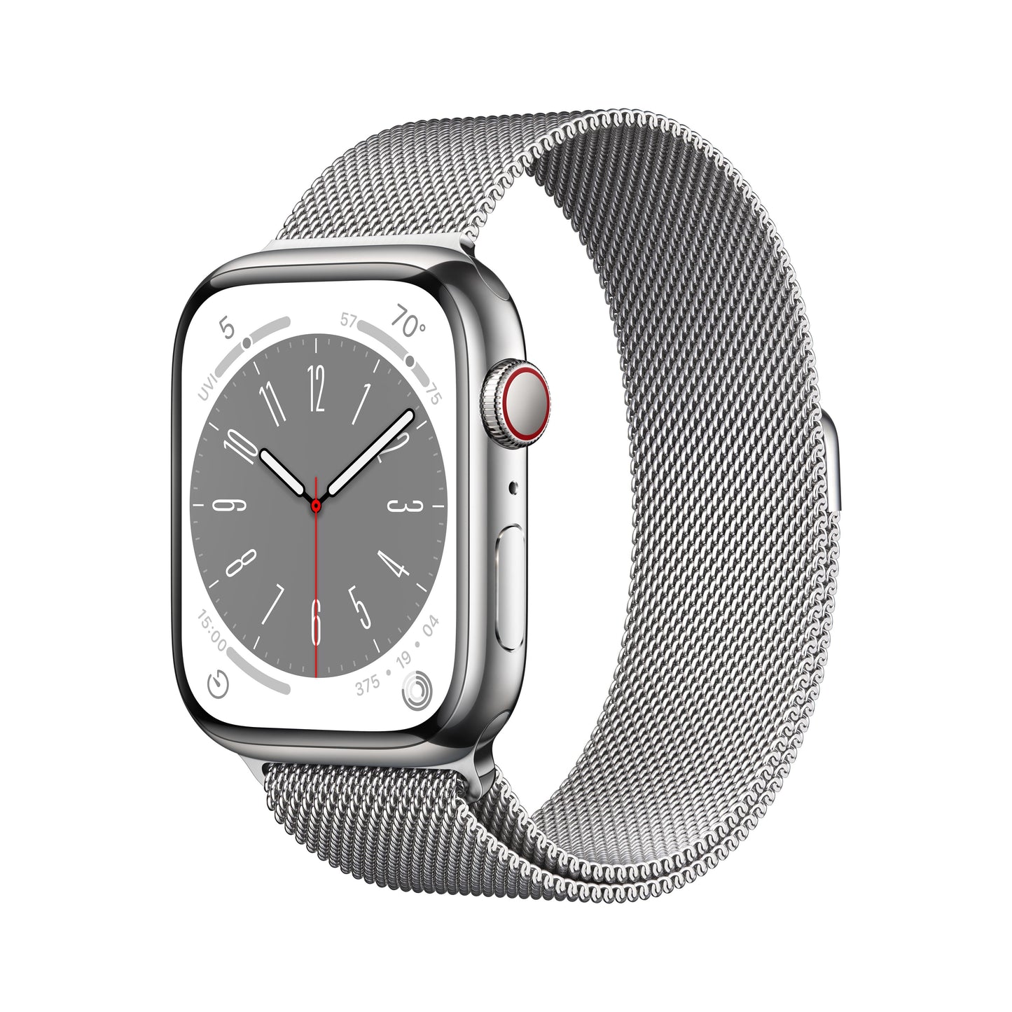Apple Watch Series 8 GPS + Cellular de 45 mm con caja de acero inoxidable plateada y correa milanesa plateada