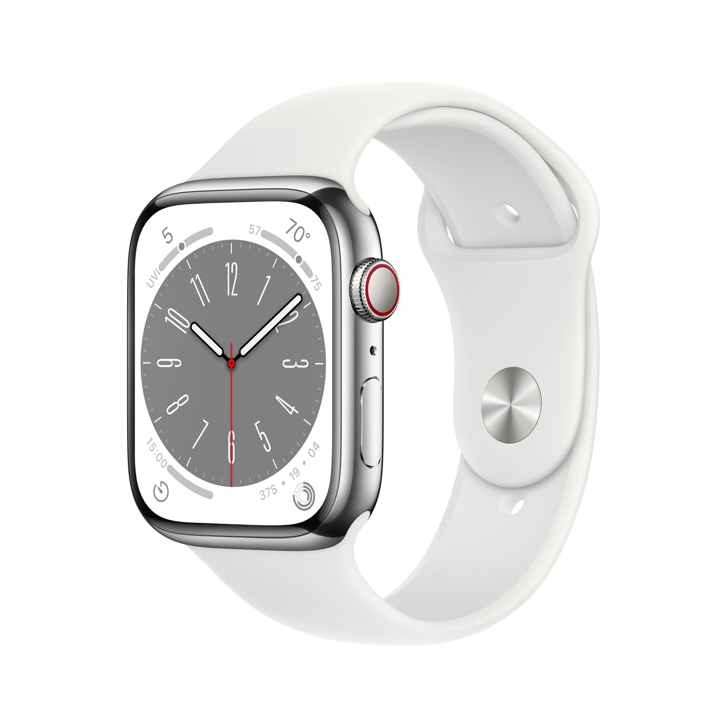 Apple Watch Series 8 GPS + Cellular de 45 mm con caja de acero inoxidable plateada y correa deportiva blanca - Talla S/M