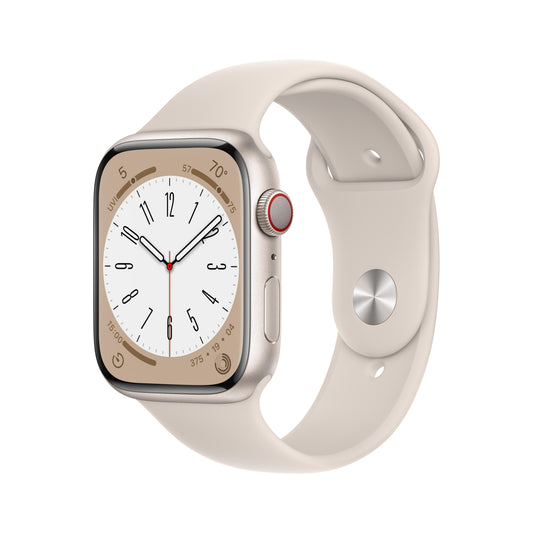 Apple Watch Series 8 GPS + Cellular de 45 mm con caja de aluminio Starlight y correa deportiva Starlight (talla pequeña/mediana)