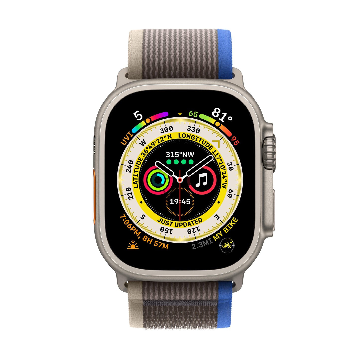 Apple Watch Ultra GPS + Cellular, 49mm Titanium Case with Blue/Gray Trail Loop - S/M