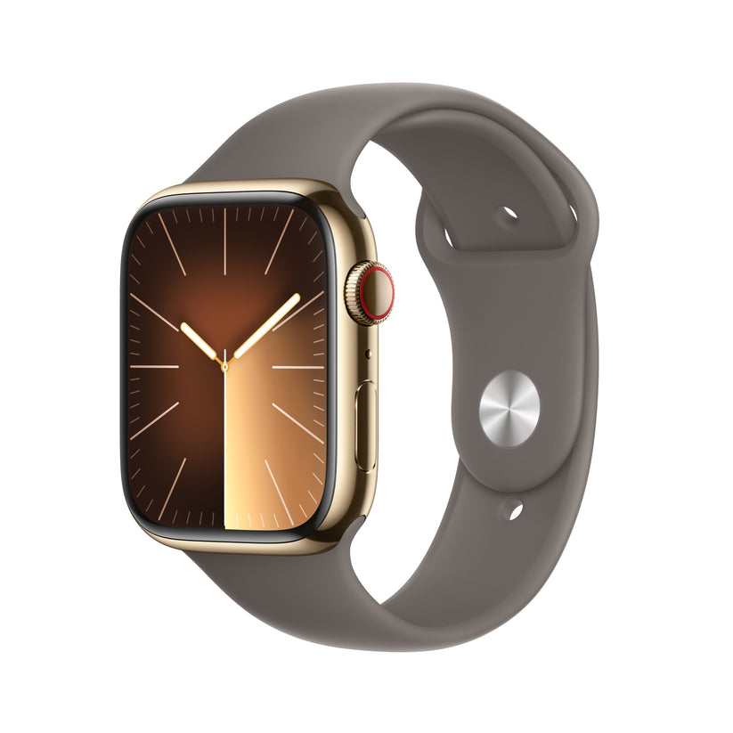 Apple_Watch_Series_9_LTE_45mm_Gold_Stainless_Steel_Clay_Sport_Band_PDP_Image_Position-1__en-US