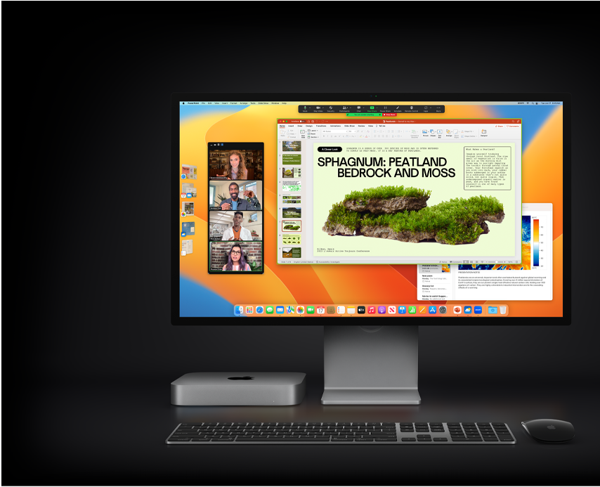 Mac mini with Magic Mouse, Magic Keyboard, and Studio Display light drop.
