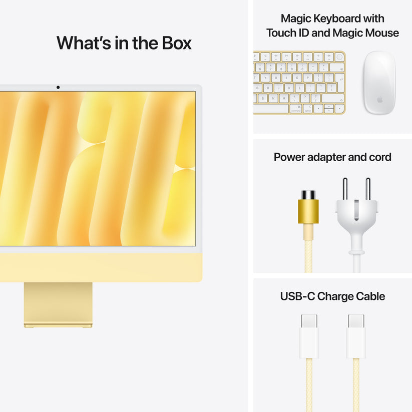 24 hüvelykes iMac Retina 4,5K kijelzővel: Apple M4 chip 10 magos CPU-val és 10 magos GPU-val, 2TB SSD, 32GB RAM, Magic Mouse, Magic Keyboard Touch ID-val - nemzetközi angol - sárga CTO