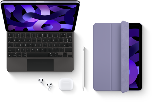 iPad Air attached to Magic Keyboard, with Airpods Pro, Apple Pencil Pro, and Smart Folio accessories