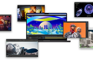 Se muestra una MacBook Pro con aplicaciones como Adobe After Effects, Keynote, DaVinci Resolve, Autodesk Maya con renderizador Arnold, Adobe Photoshop, Houdini y SketchUp.