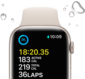 Apple Watch SE displaying a swim workout screen with water droplets framing the device.
