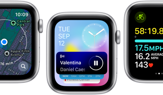 Front view of Apple Watch SE screens displaying various updated app screens.